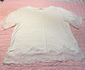 Coquette Boho Cottagecore Amaryllis White Top Floral Lace Trim Women's Size 1X